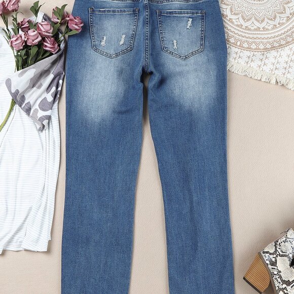 Baeful Checkered Patchwork Mid Waist Distressed Jeans - Picture 2 of 11